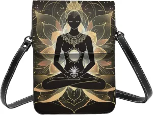 meditating chakra lotus mandala sacred geometry Leather Small Crossbody Bags for Women Cell Phone Bag Wallet Purses with Adjustable Strap