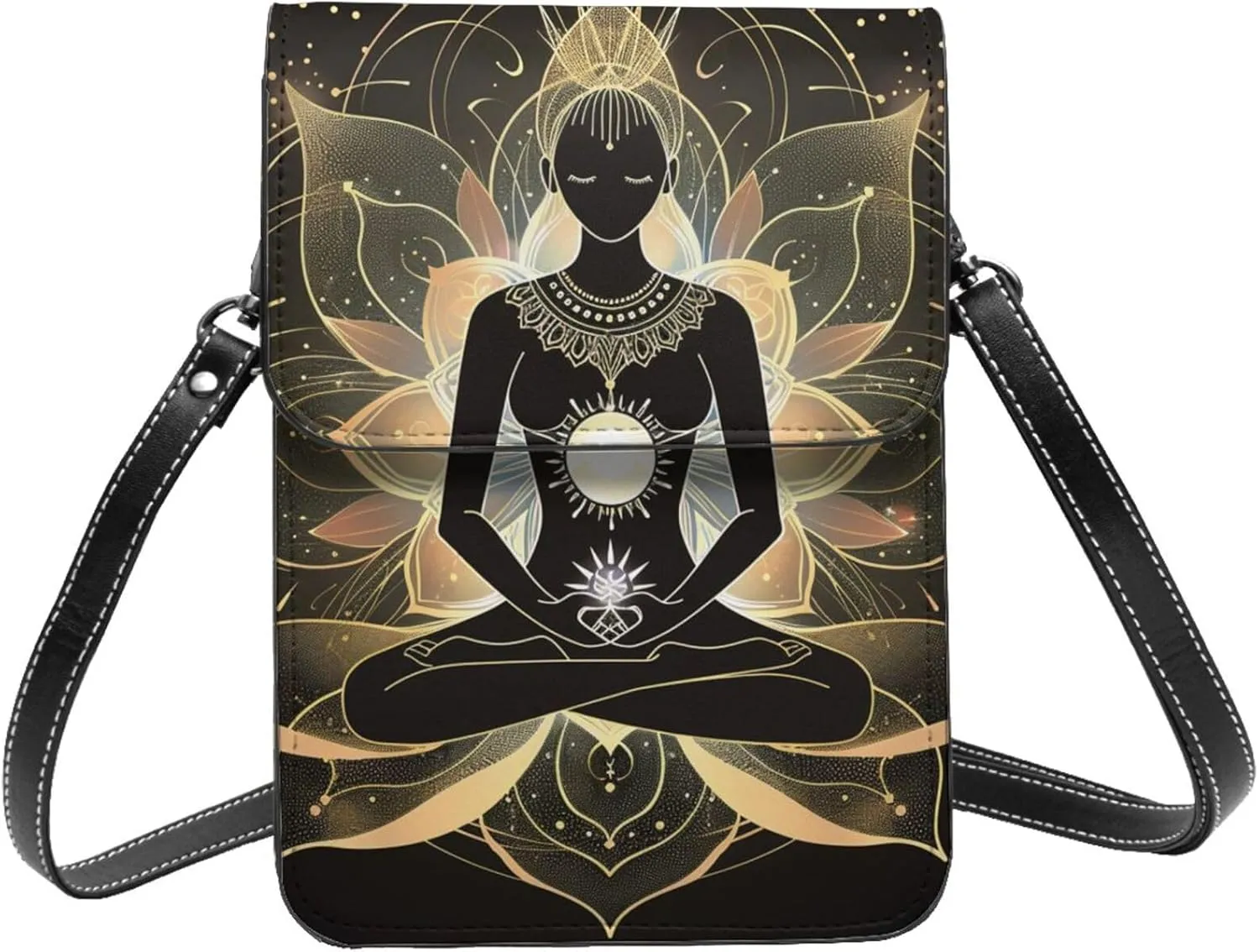 meditating chakra lotus mandala sacred geometry Leather Small Crossbody Bags for Women Cell Phone Bag Wallet Purses with Adjustable Strap
