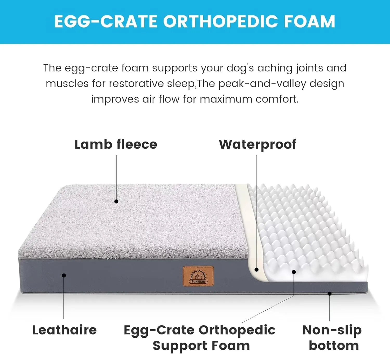 Medium Dog Bed Mat, 30''X20''X3'', Orthopedic, Grey, Waterproof, Machine Washable, Egg-Crate Foam