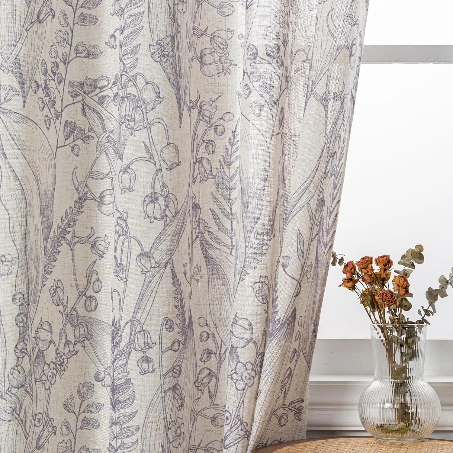 MEETSKY Purple Floral Curtains Linen Textured Light Filtering Linen Curtain 84 Inches Long Botanic Leaves Flowers Pattern Printed Window Drapes for Living Dining Room, Width 52 inch, 2 Panels