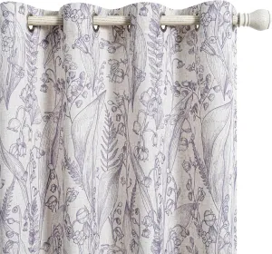 MEETSKY Purple Floral Curtains Linen Textured Light Filtering Linen Curtain 84 Inches Long Botanic Leaves Flowers Pattern Printed Window Drapes for Living Dining Room, Width 52 inch, 2 Panels