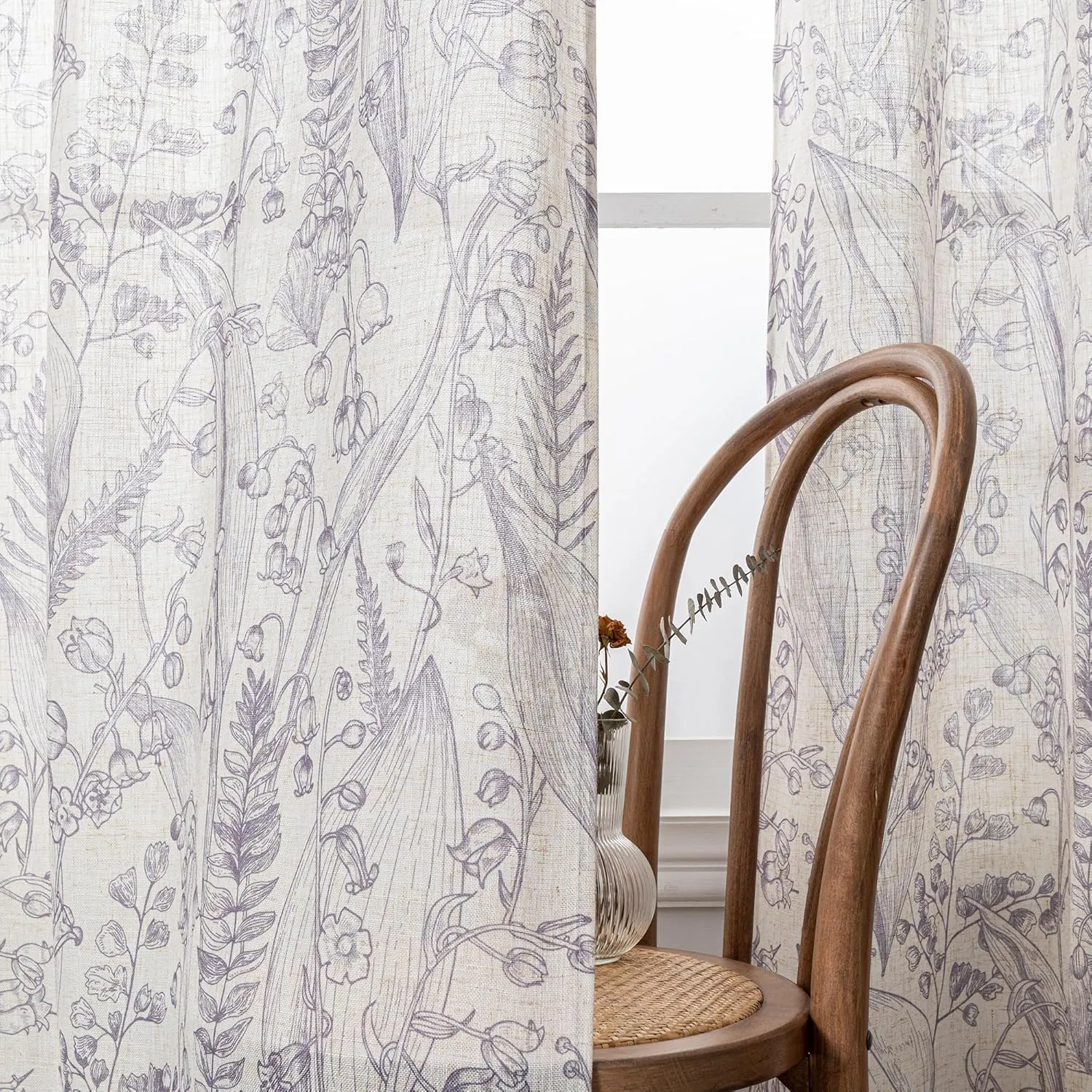 MEETSKY Purple Floral Curtains Linen Textured Light Filtering Linen Curtain 84 Inches Long Botanic Leaves Flowers Pattern Printed Window Drapes for Living Dining Room, Width 52 inch, 2 Panels