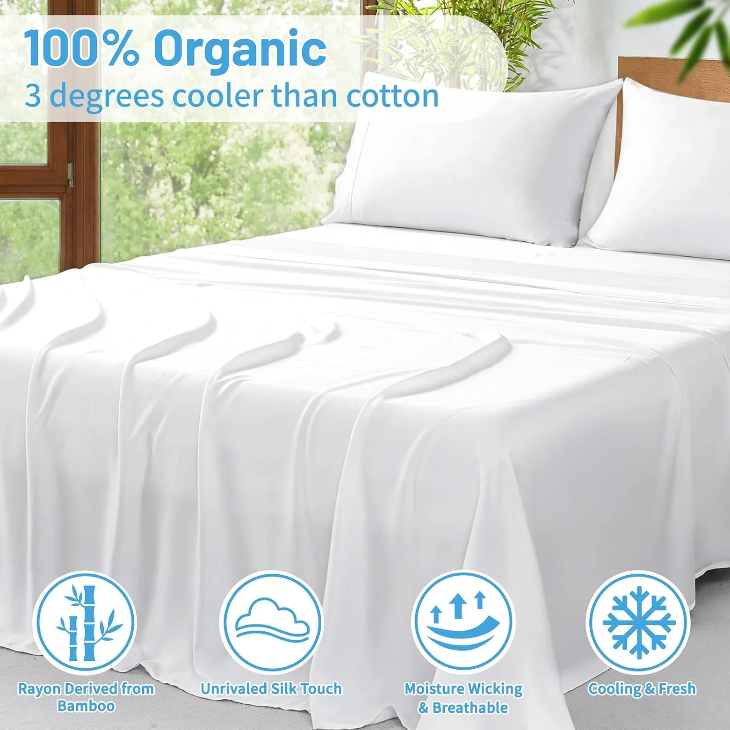 MEISHANG Bamboo Viscose Sheet Set Queen Size - 100% Pure Organic Viscose - 400TC Bamboo Viscose Cooling Bed Sheets Set - Fit 16 Inch Deep Pocket - 4 Piece Set Silky Soft - Queen, White