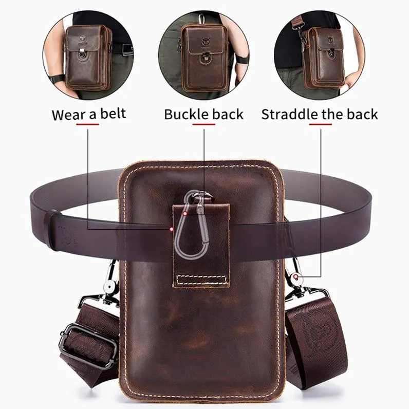Men First Layer Cowhide Waist Bag Multi Function