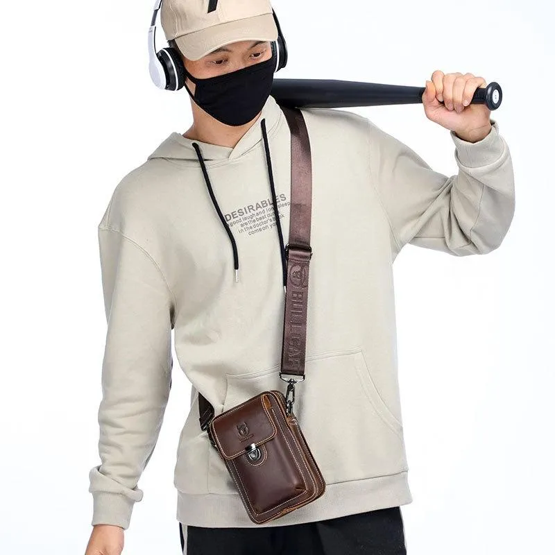 Men First Layer Cowhide Waist Bag Multi Function