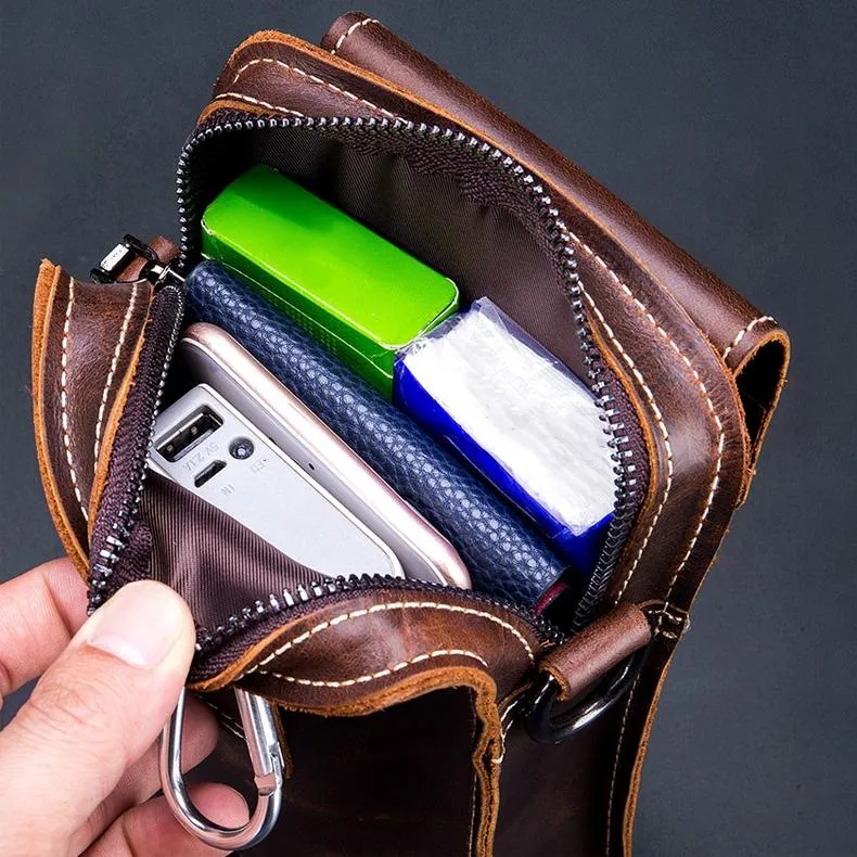 Men First Layer Cowhide Waist Bag Multi Function