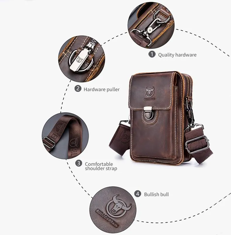 Men First Layer Cowhide Waist Bag Multi Function