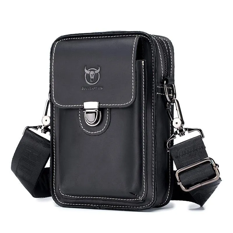 Men First Layer Cowhide Waist Bag Multi Function