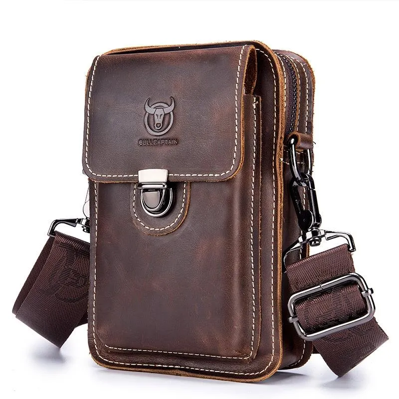 Men First Layer Cowhide Waist Bag Multi Function