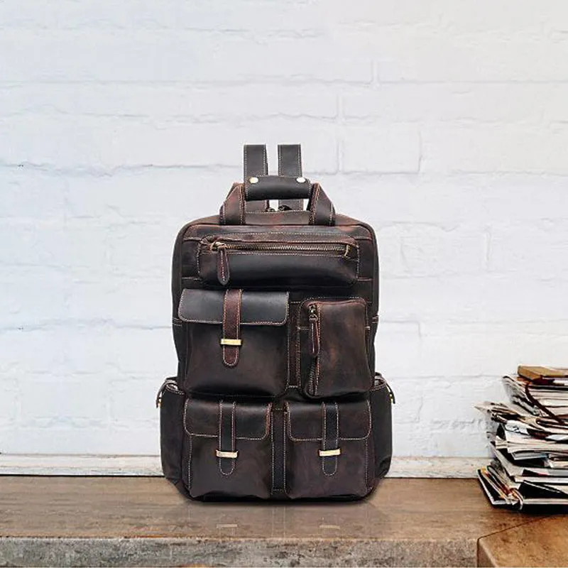 Men Retro Travel Backpack Crazy Horse Leather Backpack Large Capacity Backpack