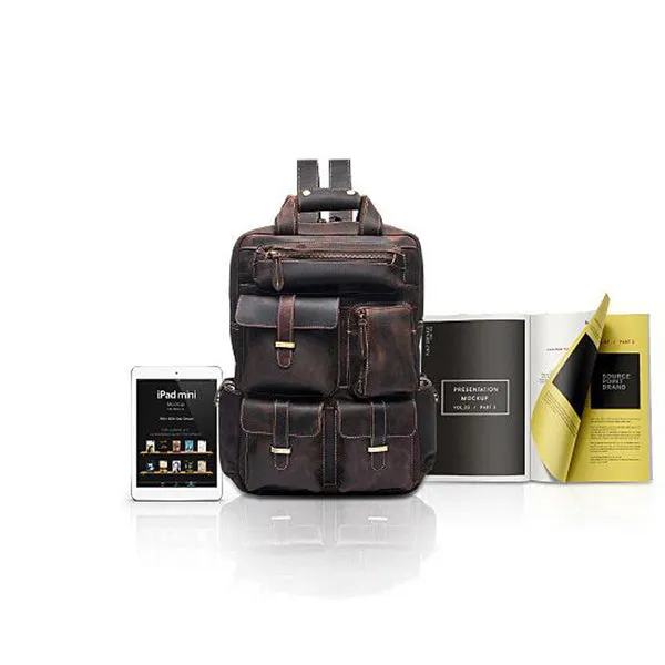 Men Retro Travel Backpack Crazy Horse Leather Backpack Large Capacity Backpack