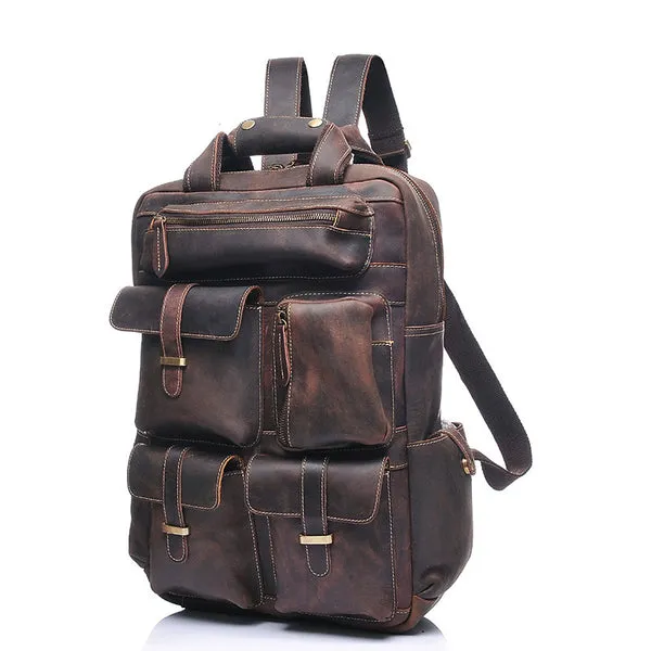 Men Retro Travel Backpack Crazy Horse Leather Backpack Large Capacity Backpack