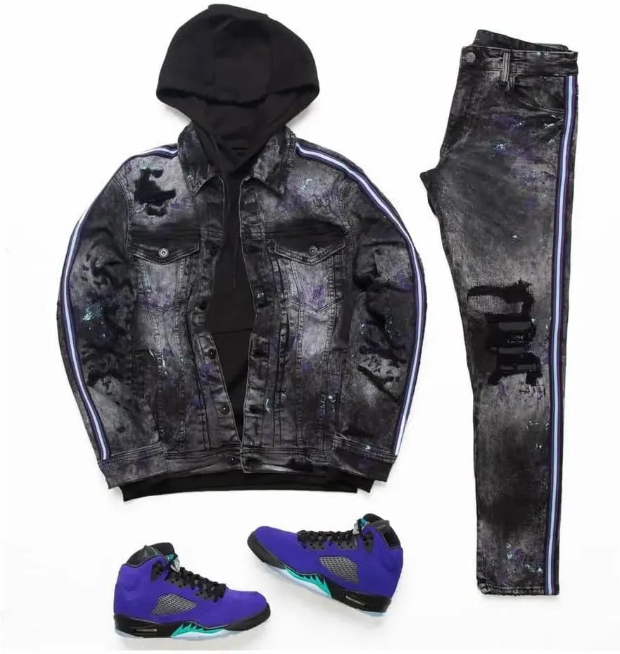 Men Sparta Striped Denim Jacket (Dark Raven)