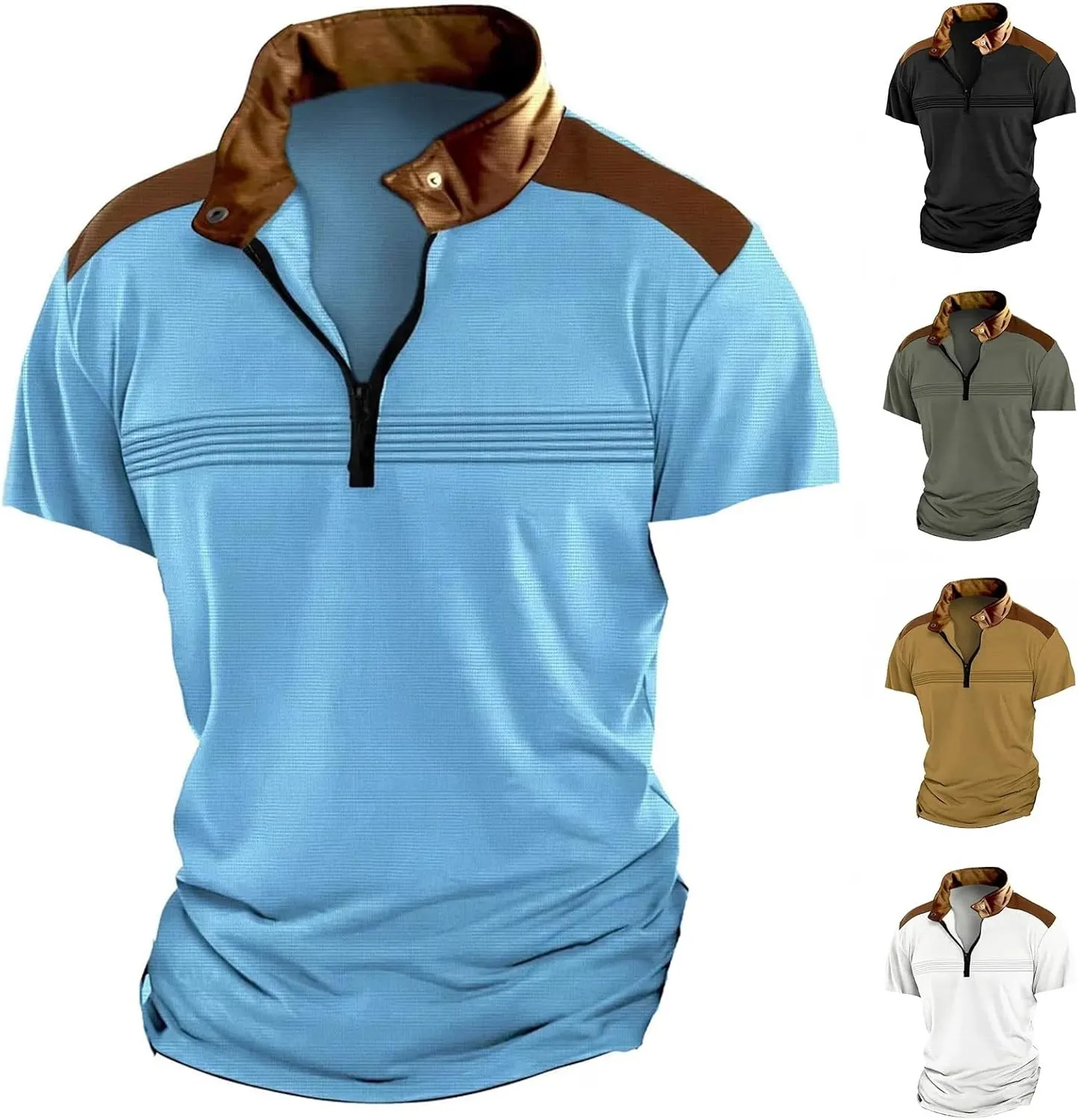 Men Waffle Polo Shirt Patchwork Short Sleeve Band Collar Casual Breathable Tops Golf Tennis Work Shirts Summer Outfit
