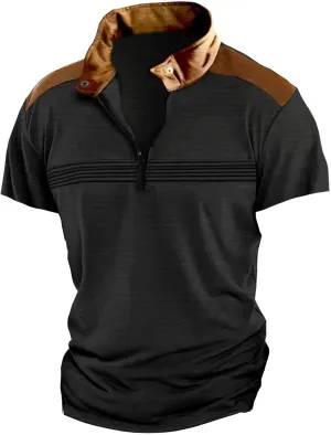 Men Waffle Polo Shirt Patchwork Short Sleeve Band Collar Casual Breathable Tops Golf Tennis Work Shirts Summer Outfit