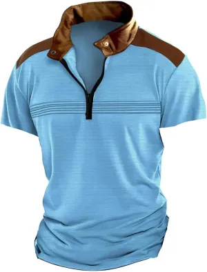 Men Waffle Polo Shirt Patchwork Short Sleeve Band Collar Casual Breathable Tops Golf Tennis Work Shirts Summer Outfit