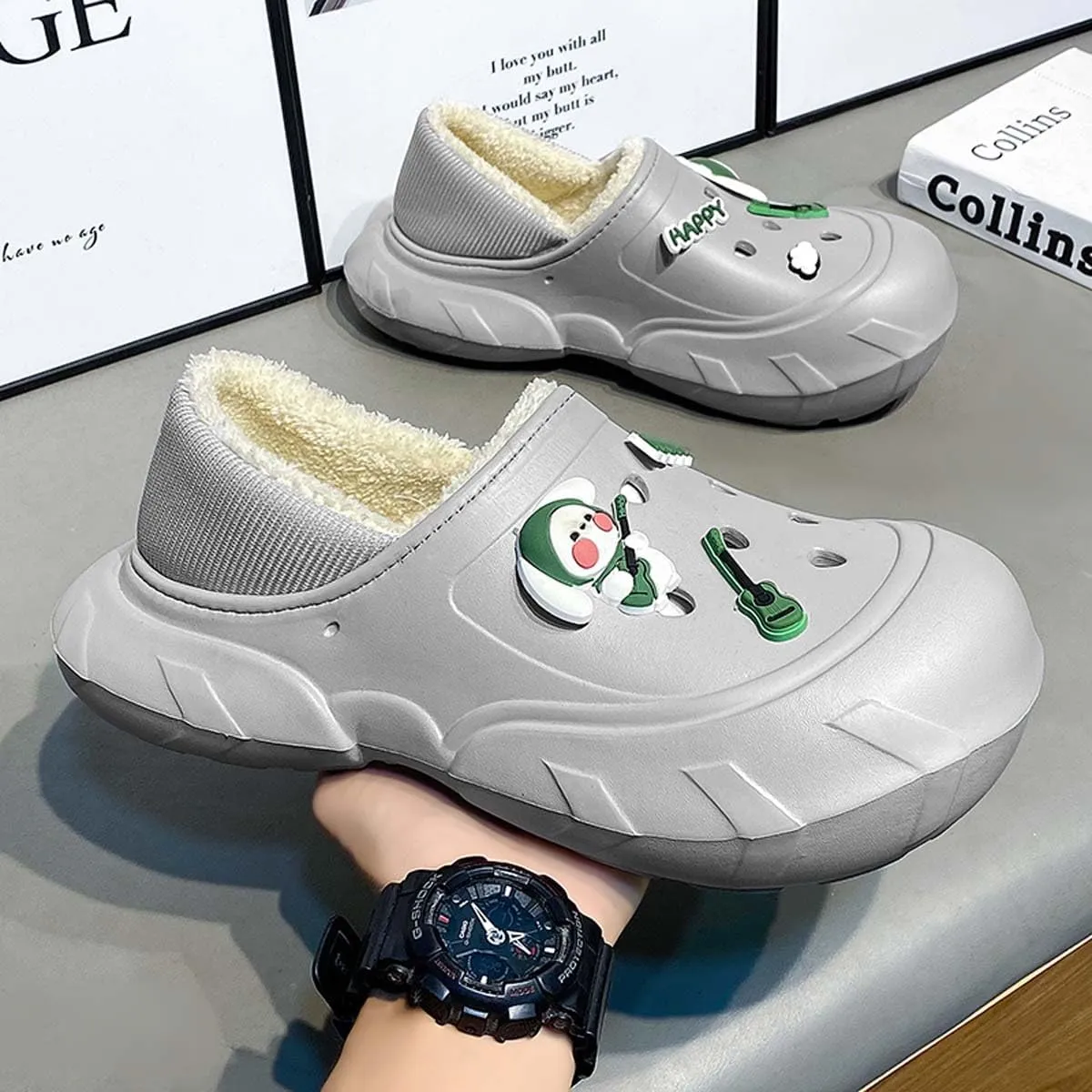 Men Women Winter Waterproof Garden Snow Shoes Plush Warm Home Slippers Fluffy Clogs Shoes Indoor Outdoor