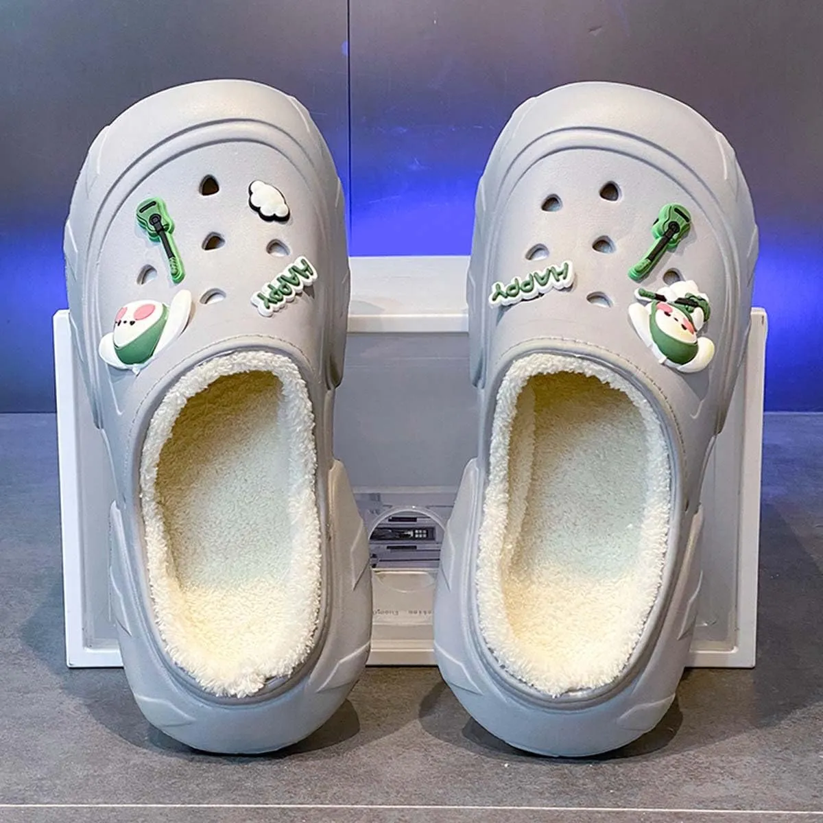 Men Women Winter Waterproof Garden Snow Shoes Plush Warm Home Slippers Fluffy Clogs Shoes Indoor Outdoor