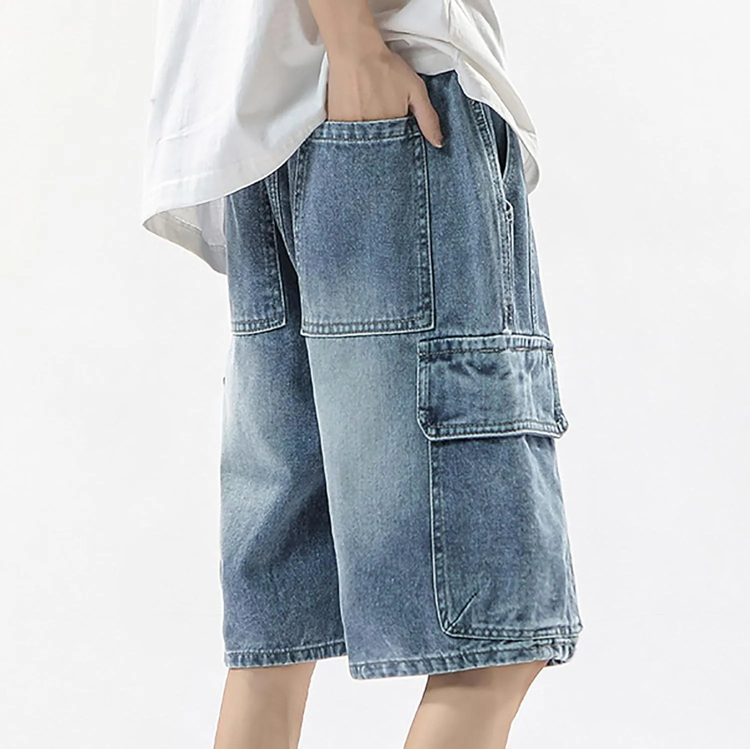 Men Y2K Grunge Baggy Jean Shorts Summer Casual Hip Hop Cargo Pants Loose Denim Shorts with Pockets
