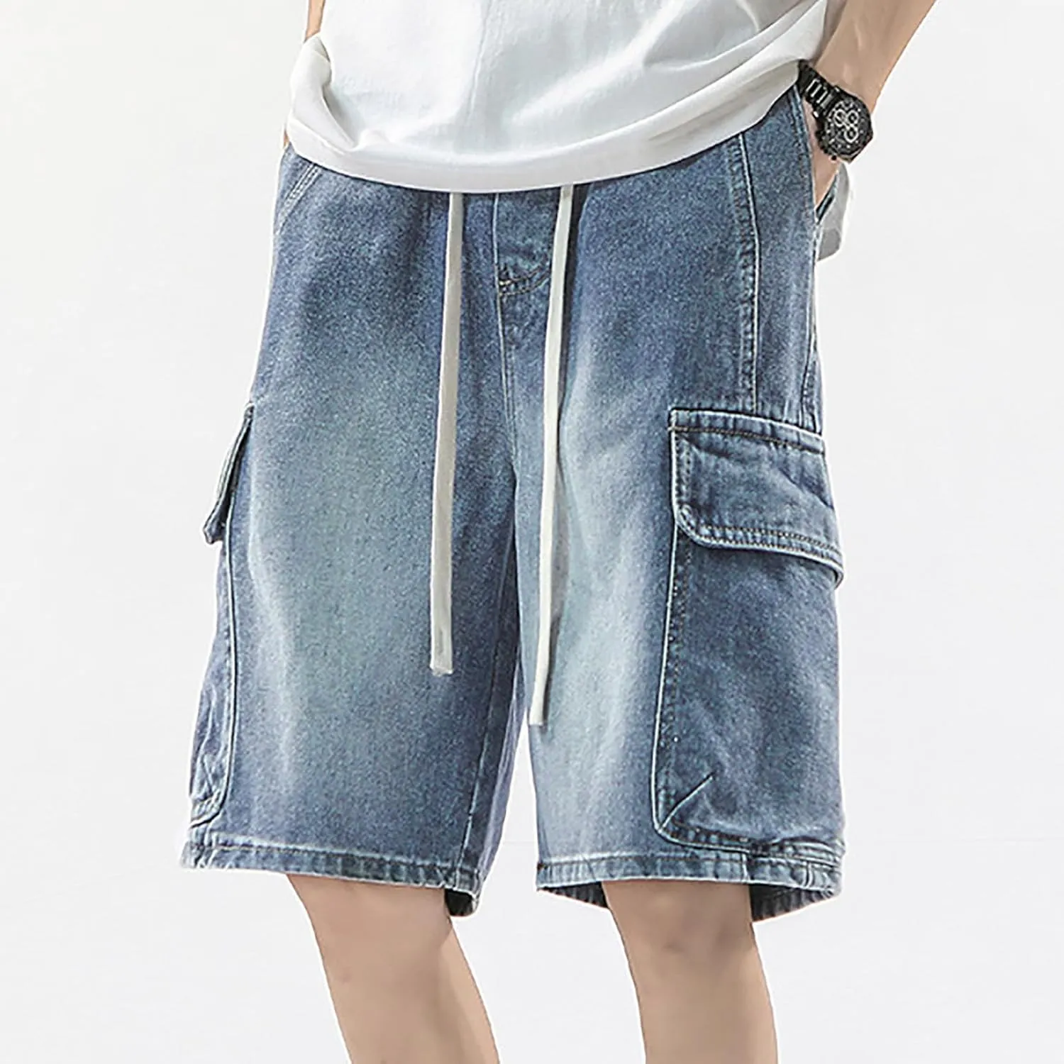 Men Y2K Grunge Baggy Jean Shorts Summer Casual Hip Hop Cargo Pants Loose Denim Shorts with Pockets