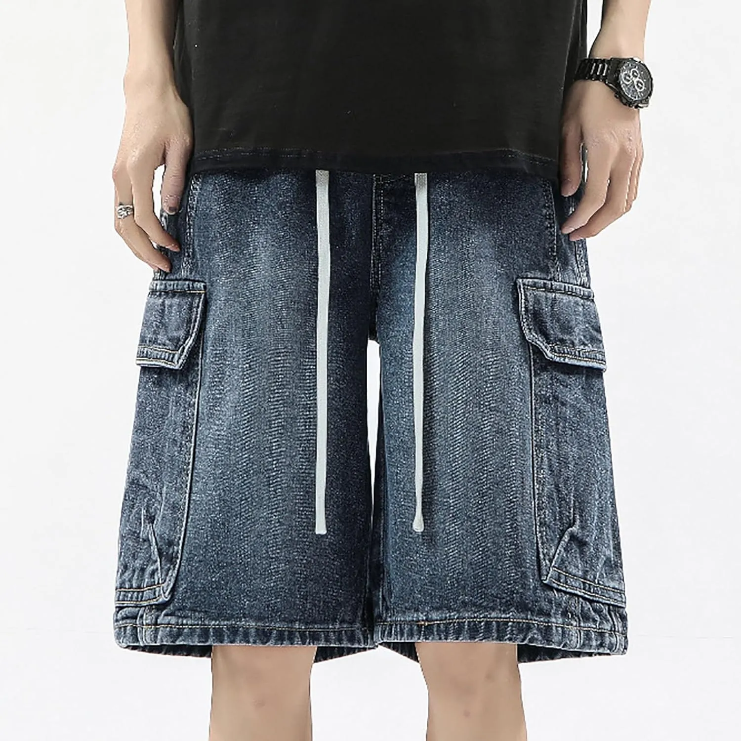 Mens Baggy Denim Jorts Y2K Grunge Loose Hip Hop Jean Shorts Wide Leg Mid Jeans Streetwear with Pockets