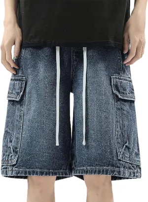 Mens Baggy Denim Jorts Y2K Grunge Loose Hip Hop Jean Shorts Wide Leg Mid Jeans Streetwear with Pockets