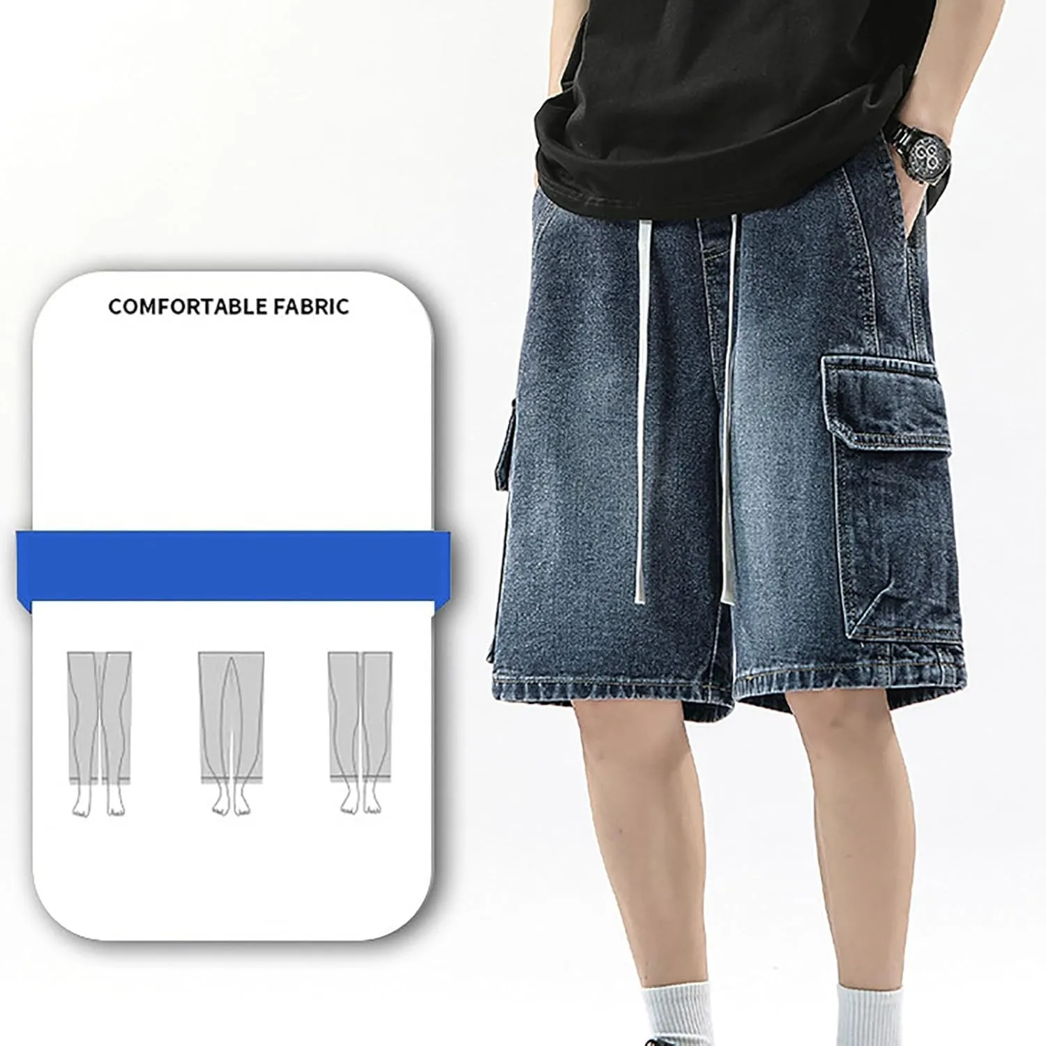 Mens Baggy Denim Jorts Y2K Grunge Loose Hip Hop Jean Shorts Wide Leg Mid Jeans Streetwear with Pockets