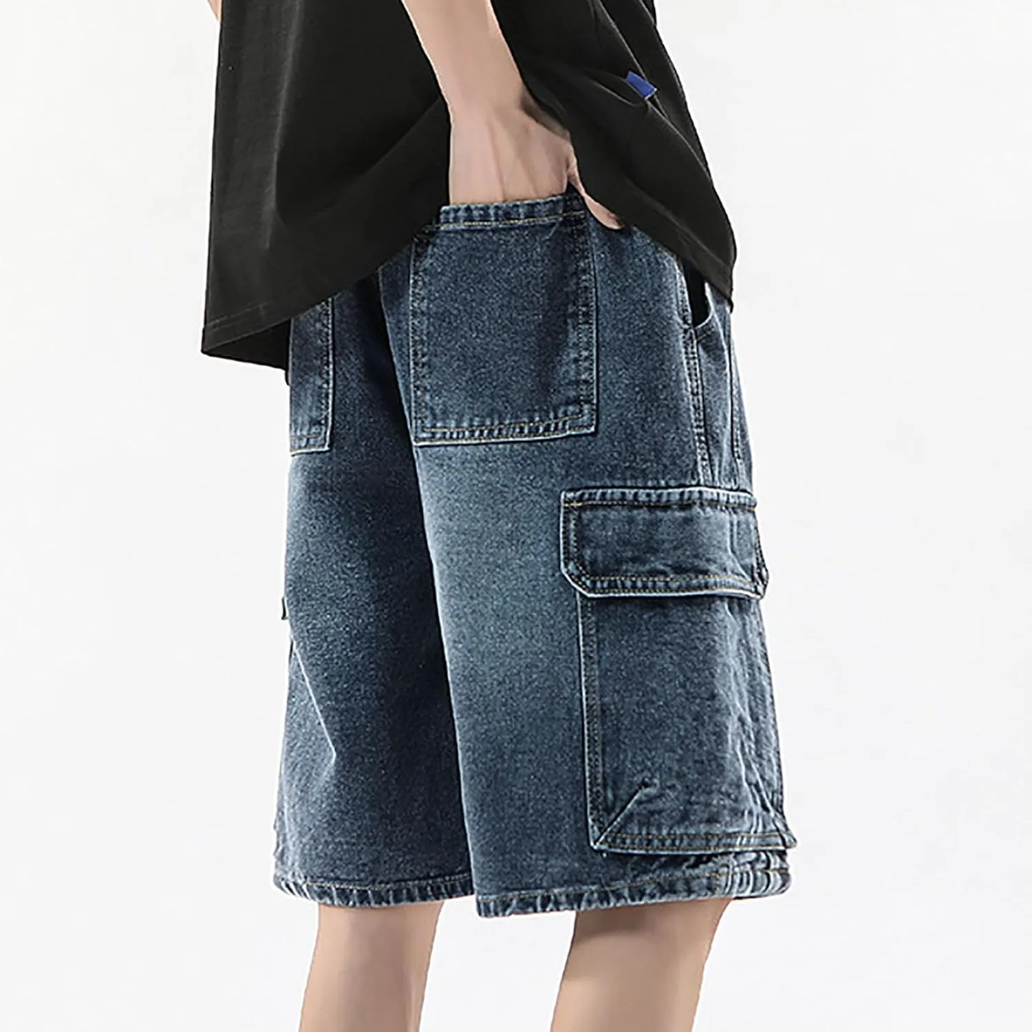 Mens Baggy Denim Jorts Y2K Grunge Loose Hip Hop Jean Shorts Wide Leg Mid Jeans Streetwear with Pockets