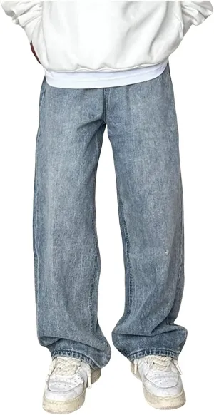 Men's Baggy Hip Hop Jeans Wide Leg Skater Denim Pants Casual Loose Fit Long Trousers Streetwear