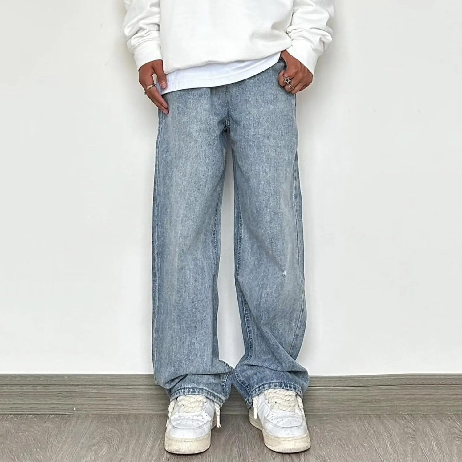 Men's Baggy Hip Hop Jeans Wide Leg Skater Denim Pants Casual Loose Fit Long Trousers Streetwear