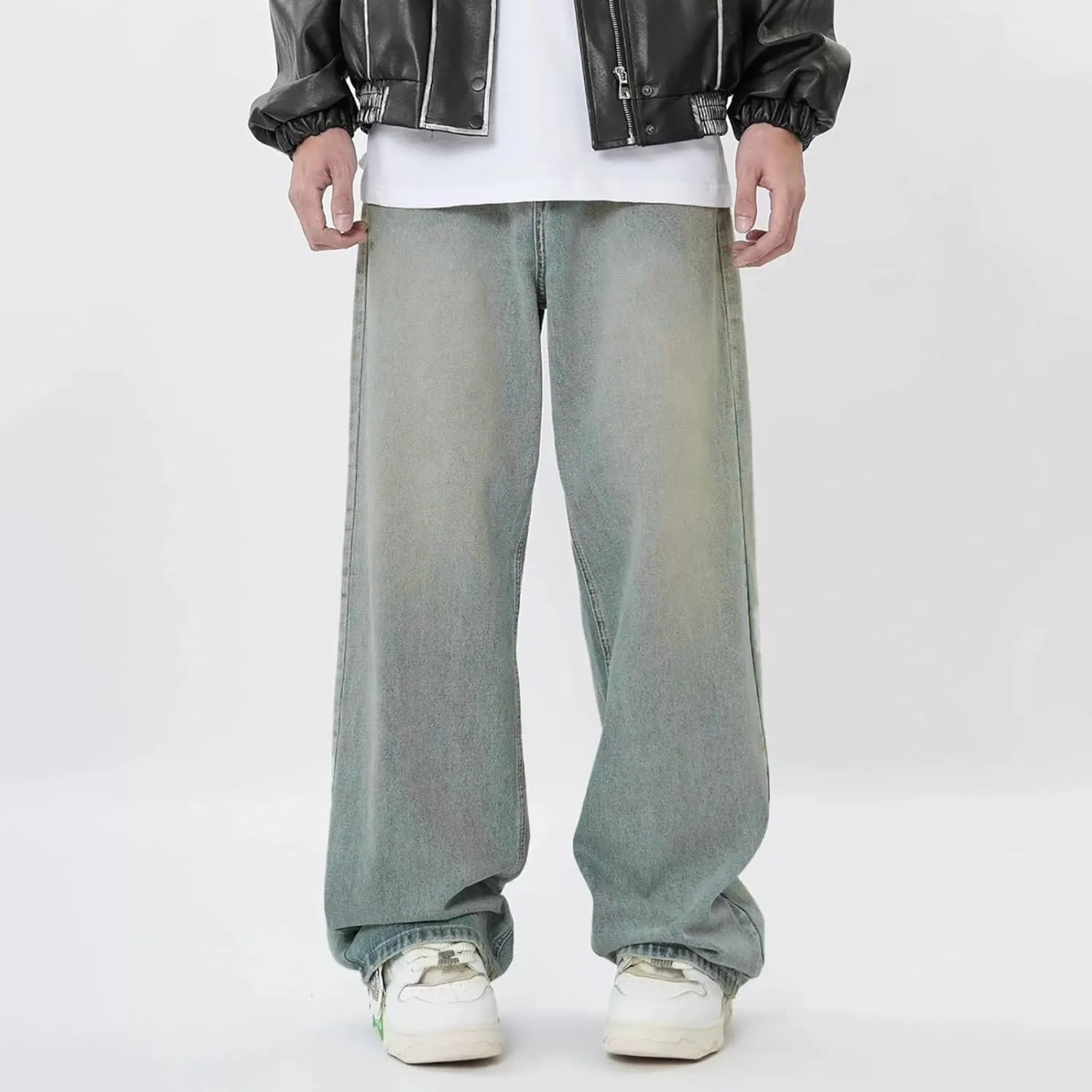 Men's Baggy Hip Hop Jeans Wide Leg Skater Denim Pants Casual Loose Fit Long Trousers Streetwear
