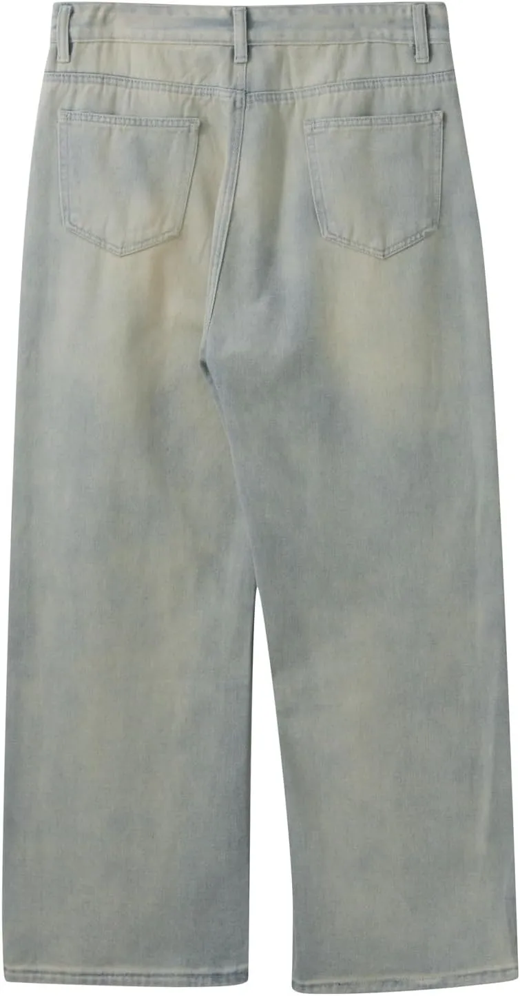 Men's Baggy Hip Hop Jeans Wide Leg Skater Denim Pants Casual Loose Fit Long Trousers Streetwear
