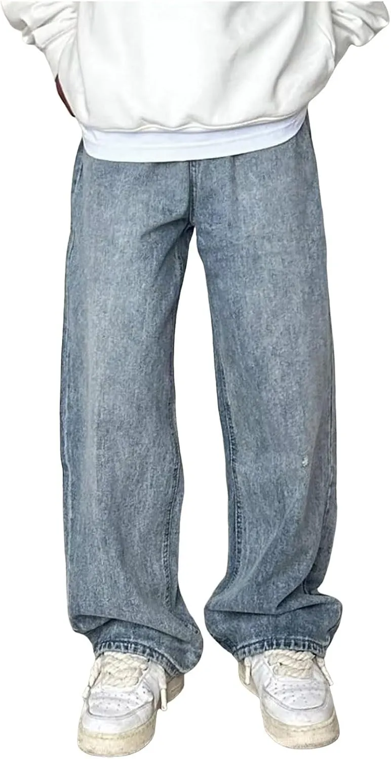 Men's Baggy Hip Hop Jeans Wide Leg Skater Denim Pants Casual Loose Fit Long Trousers Streetwear