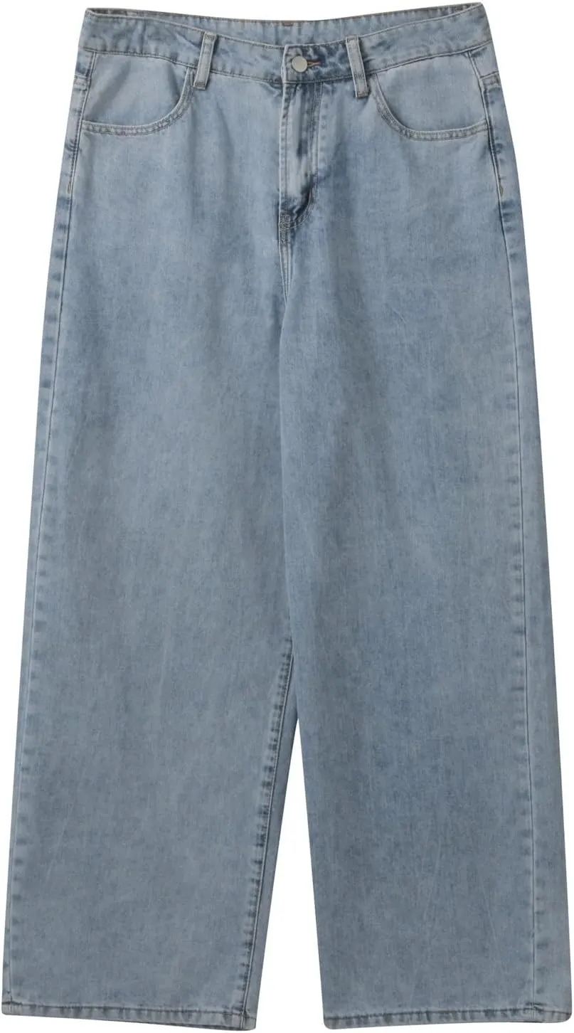 Men's Baggy Hip Hop Jeans Wide Leg Skater Denim Pants Casual Loose Fit Long Trousers Streetwear