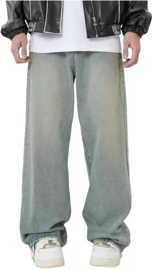 Men's Baggy Hip Hop Jeans Wide Leg Skater Denim Pants Casual Loose Fit Long Trousers Streetwear