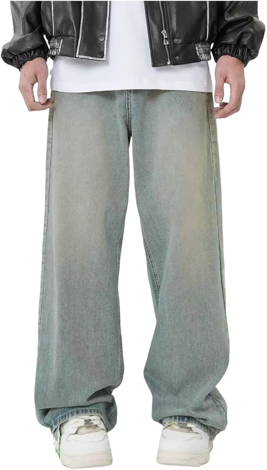 Men's Baggy Hip Hop Jeans Wide Leg Skater Denim Pants Casual Loose Fit Long Trousers Streetwear