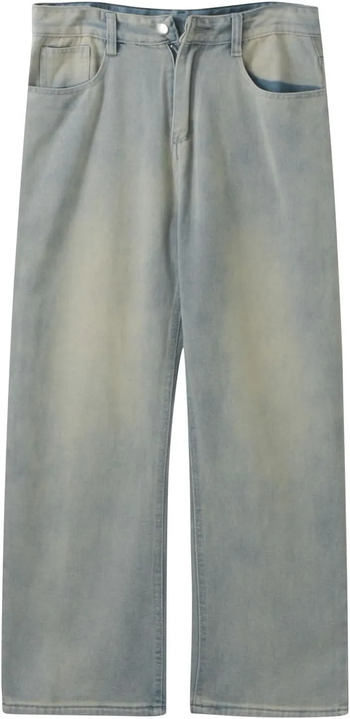 Men's Baggy Hip Hop Jeans Wide Leg Skater Denim Pants Casual Loose Fit Long Trousers Streetwear