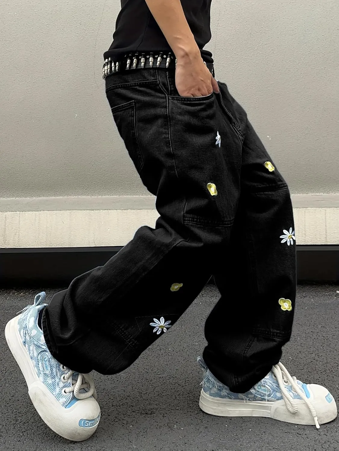 Mens Baggy Jeans Patchwork Flower Daisy Embroidery Skater Denim Pant Y2k Hip Hop Wide Leg Jeans