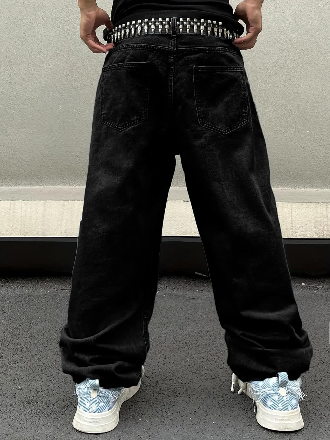 Mens Baggy Jeans Patchwork Flower Daisy Embroidery Skater Denim Pant Y2k Hip Hop Wide Leg Jeans