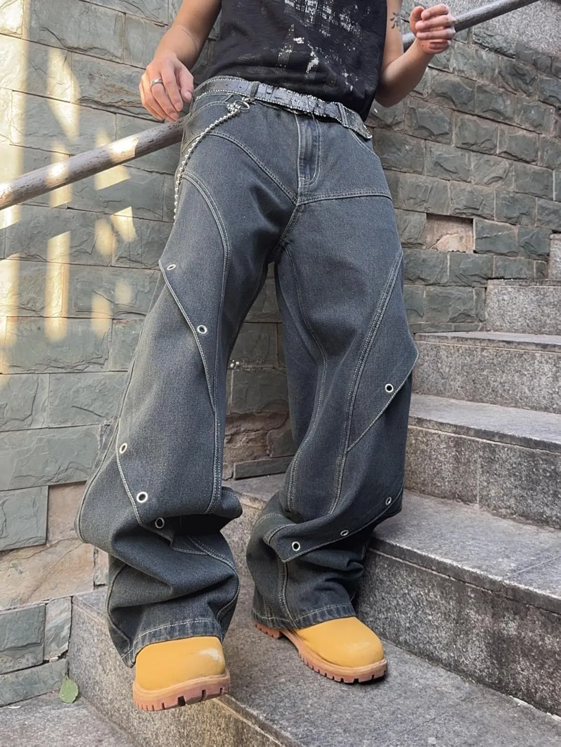 Mens Baggy Jeans Patchwork Y2k Hip Hop Wide Leg Denim Pants Casual Loose Fit Trousers Streetwear