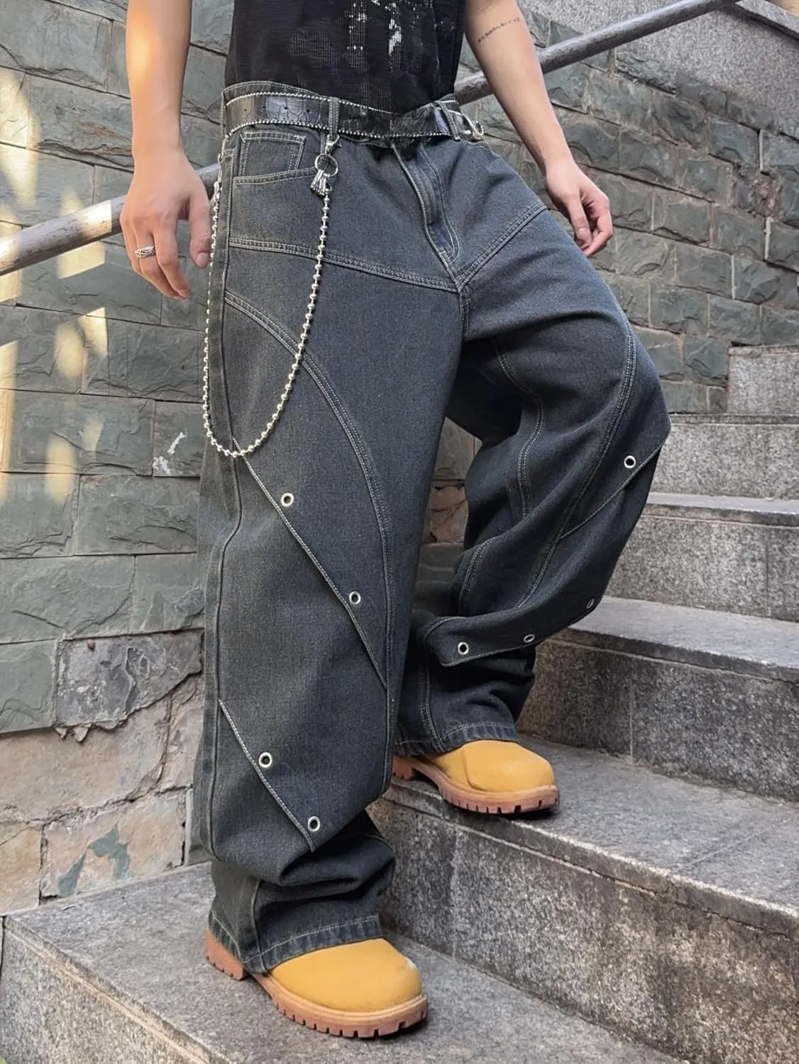 Mens Baggy Jeans Patchwork Y2k Hip Hop Wide Leg Denim Pants Casual Loose Fit Trousers Streetwear