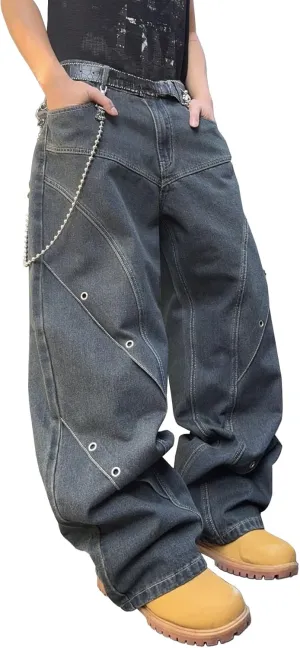 Mens Baggy Jeans Patchwork Y2k Hip Hop Wide Leg Denim Pants Casual Loose Fit Trousers Streetwear