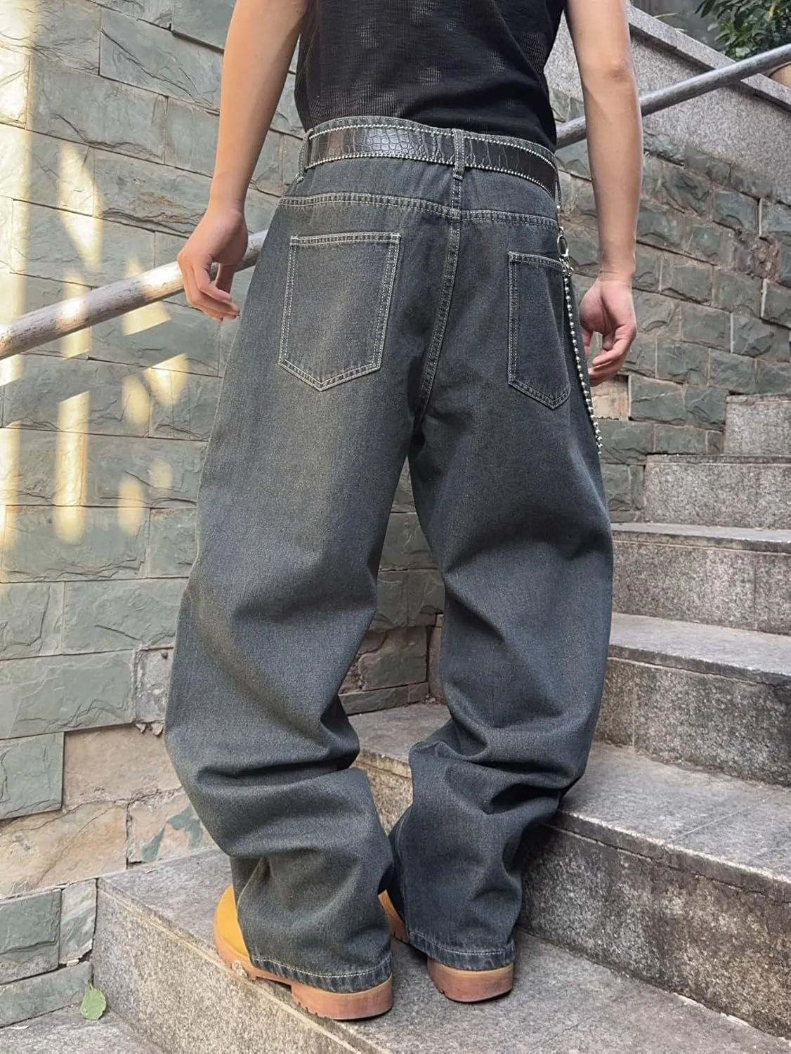 Mens Baggy Jeans Patchwork Y2k Hip Hop Wide Leg Denim Pants Casual Loose Fit Trousers Streetwear