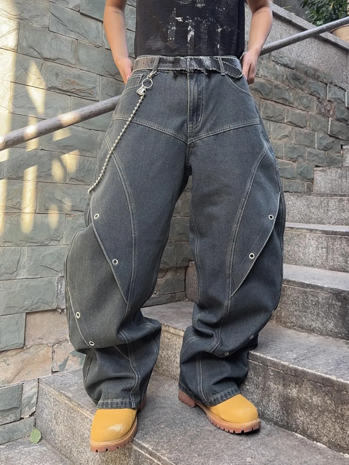 Mens Baggy Jeans Patchwork Y2k Hip Hop Wide Leg Denim Pants Casual Loose Fit Trousers Streetwear