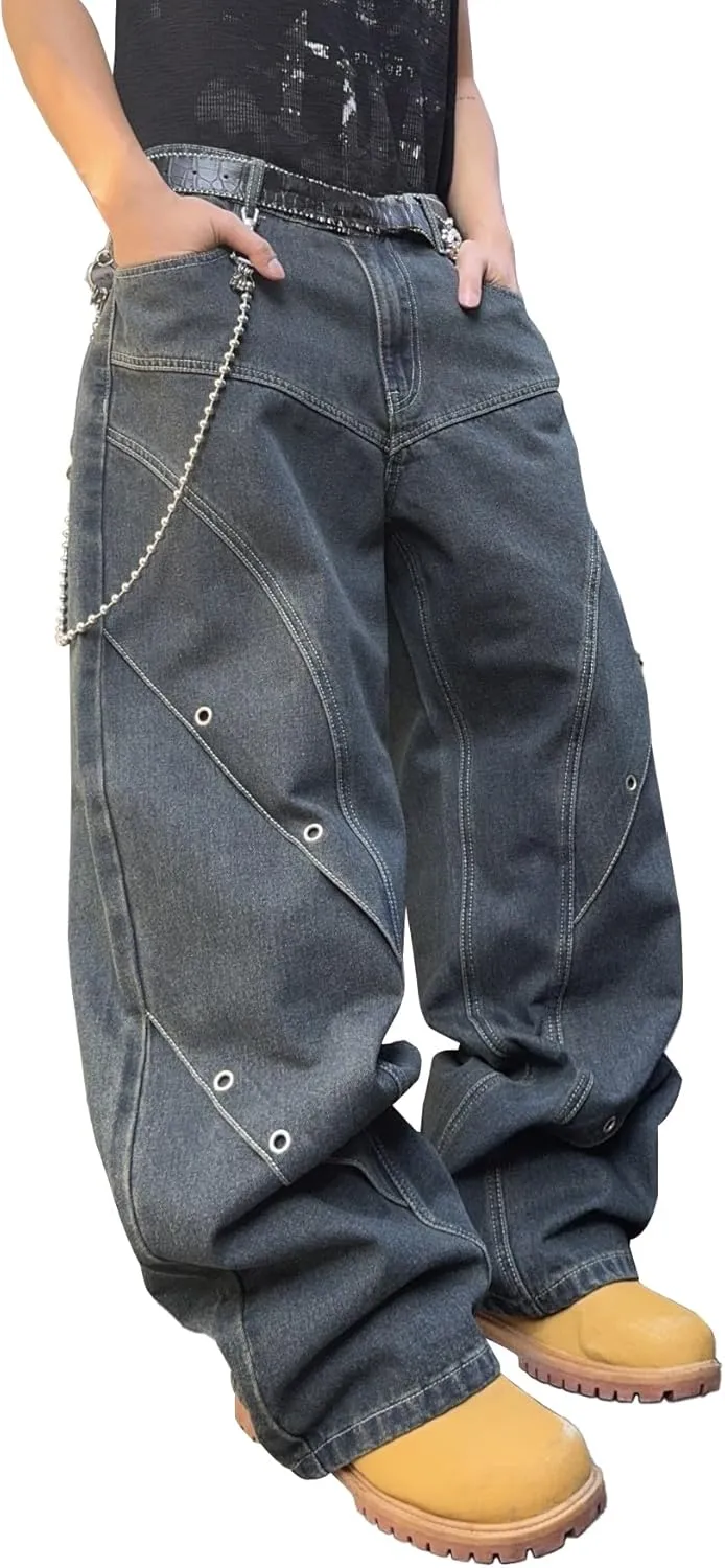 Mens Baggy Jeans Patchwork Y2k Hip Hop Wide Leg Denim Pants Casual Loose Fit Trousers Streetwear