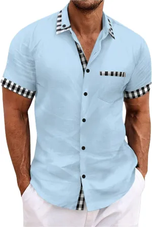 Men's Beach Casual Shirts Fashion Patchwork Button Down Slim Fit Muscle Shirts Lapel Short Sleeved Shirt with Pocket