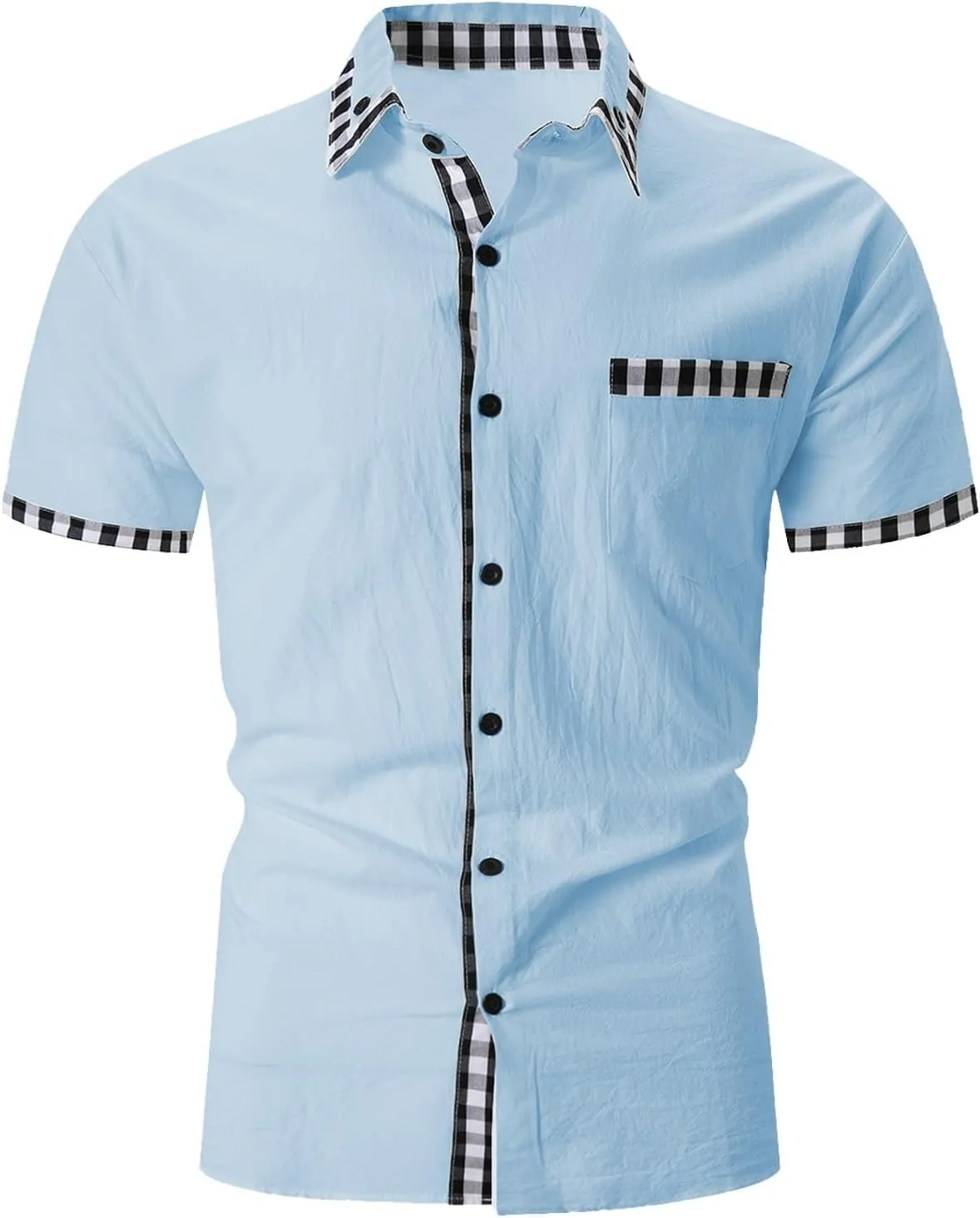 Men's Beach Casual Shirts Fashion Patchwork Button Down Slim Fit Muscle Shirts Lapel Short Sleeved Shirt with Pocket