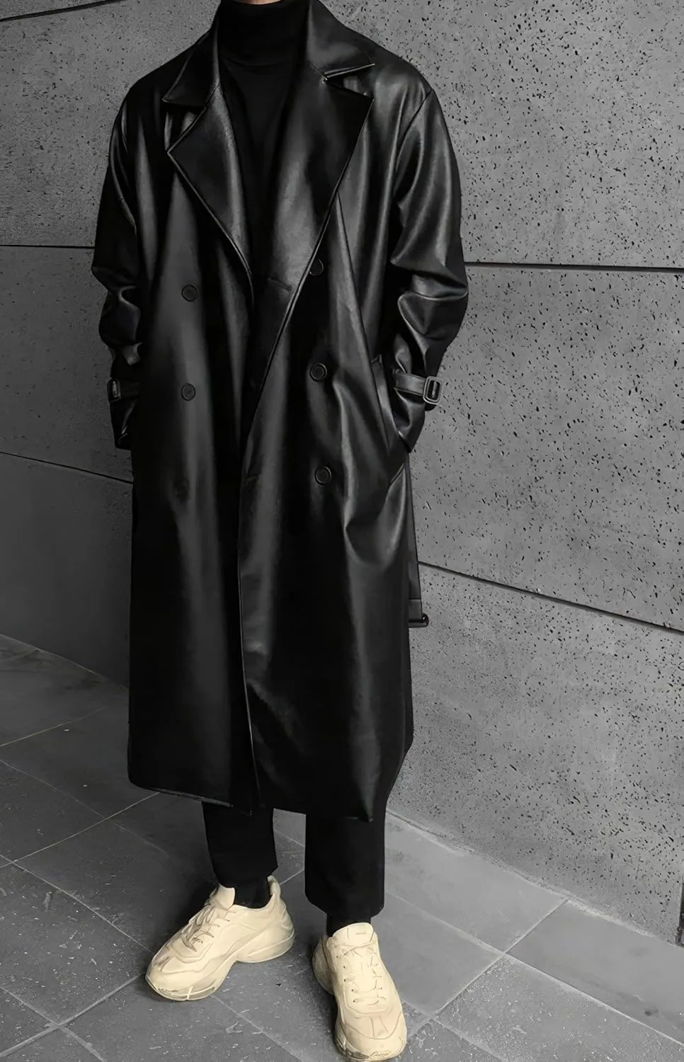 Men's Black Genuine Sheepskin Leather Double Breasted Belted Trench Coat - Winter Fashionable Aviator Long Coat For Men
