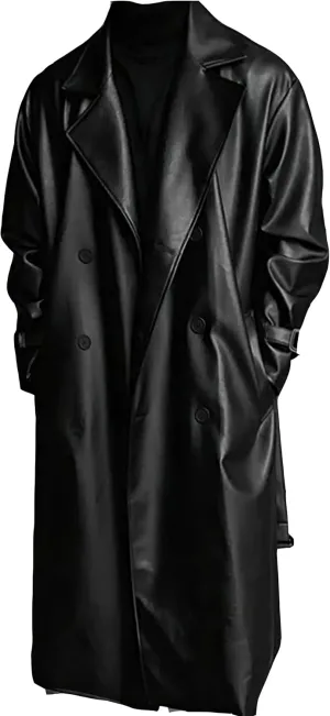 Men's Black Genuine Sheepskin Leather Double Breasted Belted Trench Coat - Winter Fashionable Aviator Long Coat For Men