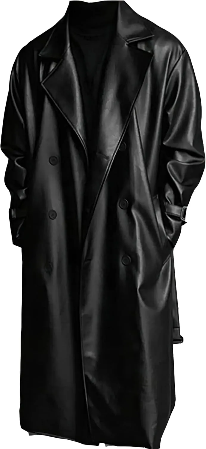 Men's Black Genuine Sheepskin Leather Double Breasted Belted Trench Coat - Winter Fashionable Aviator Long Coat For Men